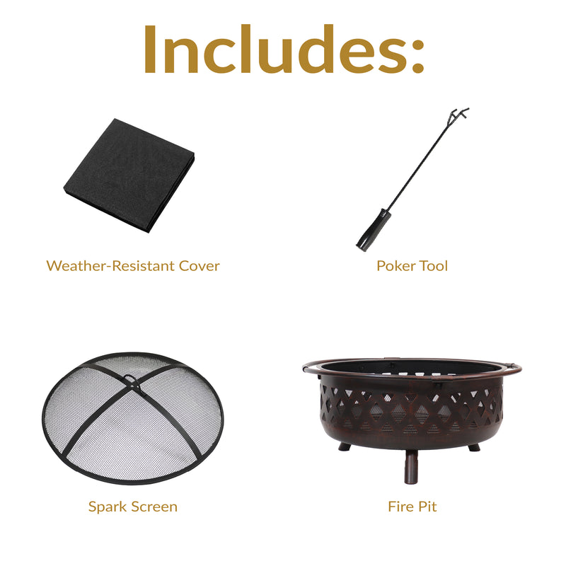 Sunnydaze Bronze Crossweave Wood-Burning Fire Pit with Spark Screen and Poker