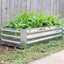 Rectangle, silver raised garden bed outside with plants growing inside