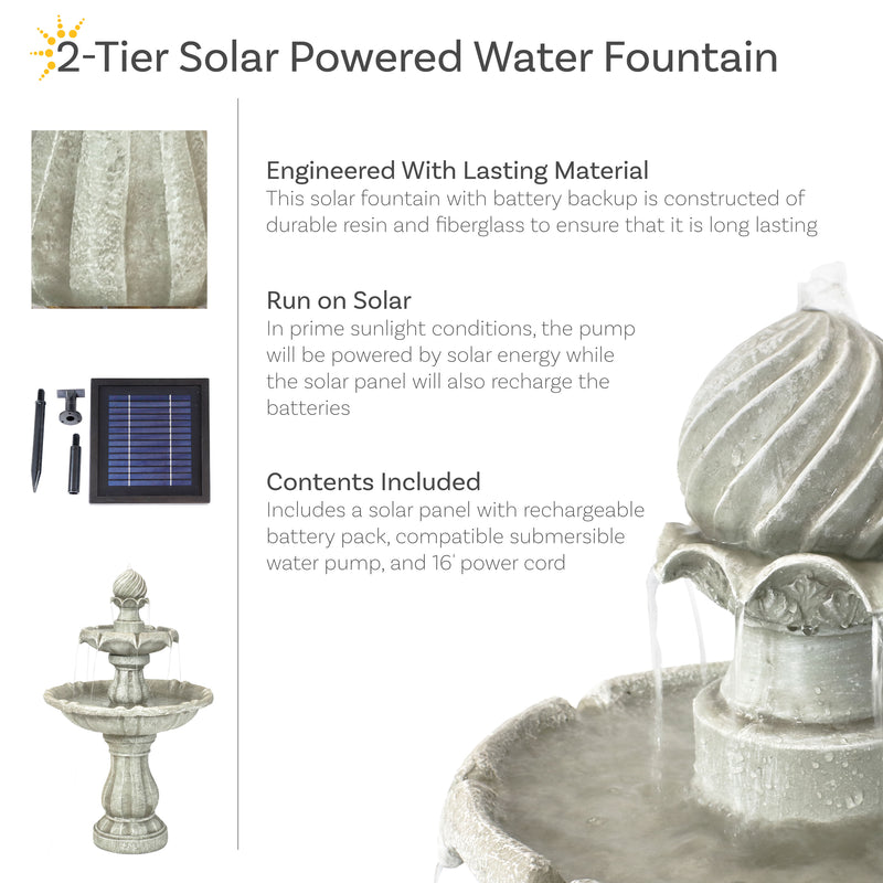 Sunnydaze 2-Tier Solar Outdoor Water Fountain with Battery Backup