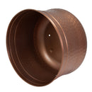 Underside view of the copper Hammered Iron Hose Pot showing the open interior, textured hammered construction, and drainage opening in the base.