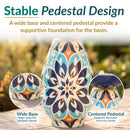 Stable pedestal design infographic featuring a colorful Mediterranean-style glass bird bath with close-up views highlighting its wide base and centered pedestal for added stability.