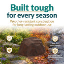 Infographic featuring a dark brown faux rock cover in a garden landscape transitioning through different seasons. Text highlights weather-resistant construction, including a crack- and fade-resistant shell, UV-resistant polyresin, rain and snow resistance, and durability in extreme heat and freeze-thaw conditions.