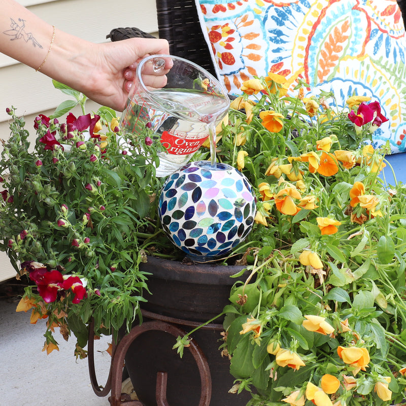 diy plant watering globes Sunnydaze Mosaic Glass Plant Watering Globe with Clay Spike