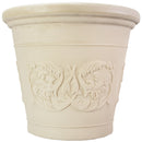 Cream-colored decorative polyresin planter with a raised floral scroll design and classic rounded rim.