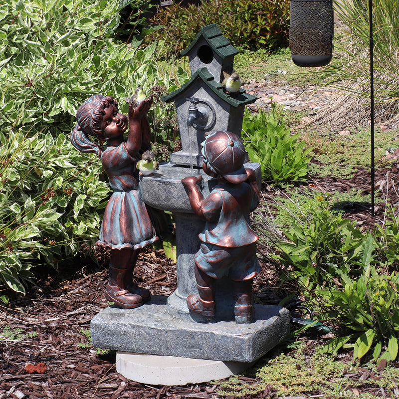 Sunnydaze Boy and Girl with Birds at Birdbath Outdoor Fountain - 30"