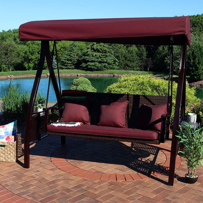 Sunnydaze Decor Deluxe Steel Frame Maroon Cushioned Swing with Canopy Side Tables