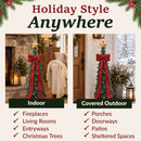 Infographic showing a green Christmas tree sculpture displayed indoors and in a covered outdoor setting, with fireplaces, living rooms, entryways, porches, doorways, patios, and Christmas trees.