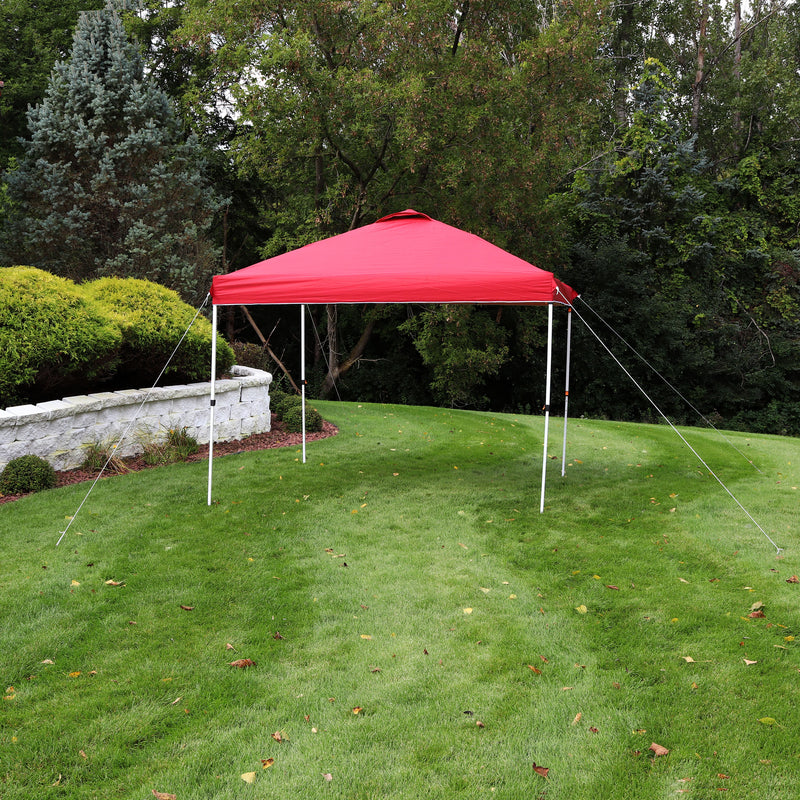 red 10'x10' pop up canopy with white frame