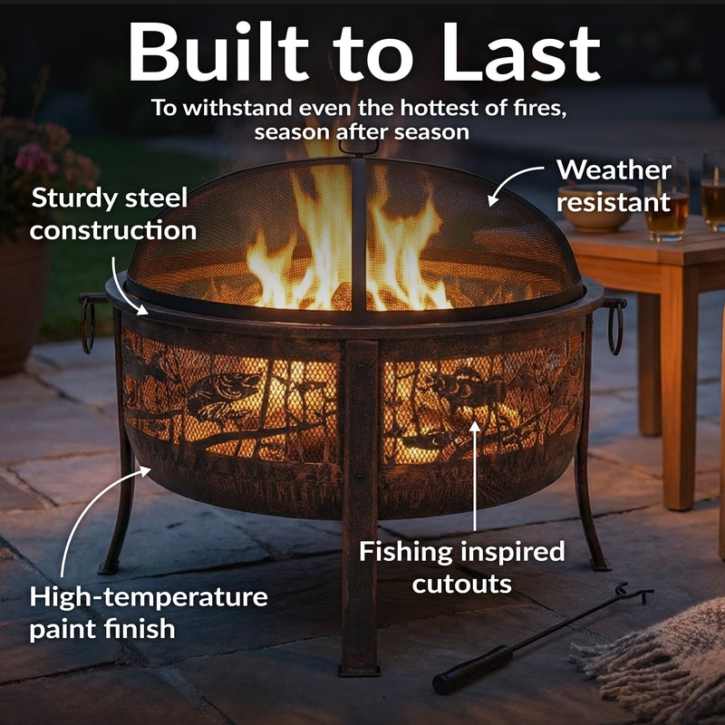 Sunnydaze Northwoods Fishing Fire Pit with Spark Screen - 30