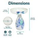 Dimensions diagram for the Mosaic Bloom Glass Bird Bath in indigo, measuring 22.25 inches tall with an 18-inch bowl diameter, 2.75-inch bowl height, and 8-inch base diameter. Holds 1.35 gallons and weighs 14.2 pounds.