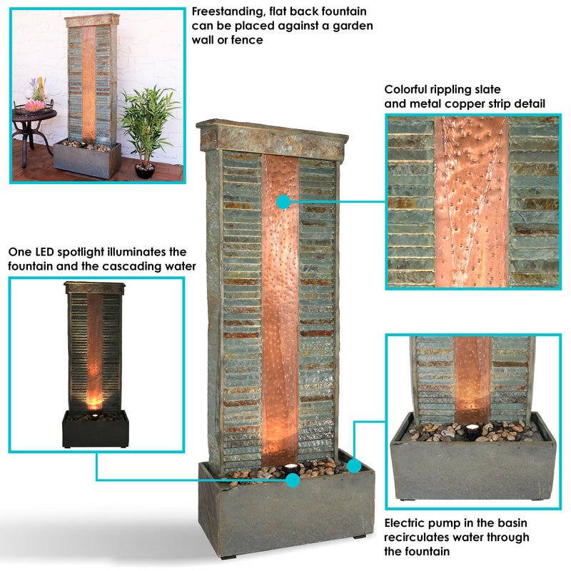 Sunnydaze Rippled Slate Water Fountain with LED Lights - 48"