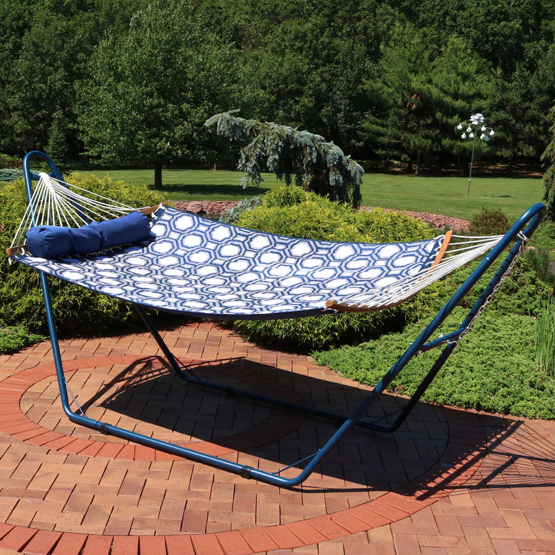 Sunnydaze Curved Spreader Bar Hammock with Blue Steel Stand - Gray Blue Octagon