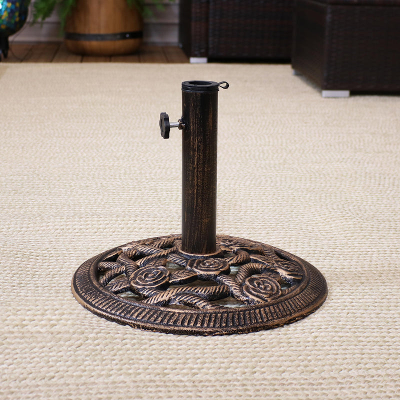 cast iron patio umbrella bases Sunnydaze Decor Rose Blossom 16" Cast Iron Patio Umbrella Base