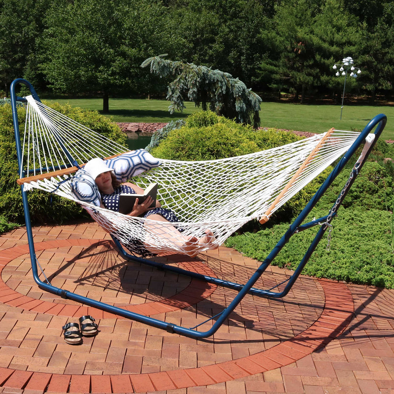 Sunnydaze 2-Person Rope Hammock with Matte Blue Steel Stand