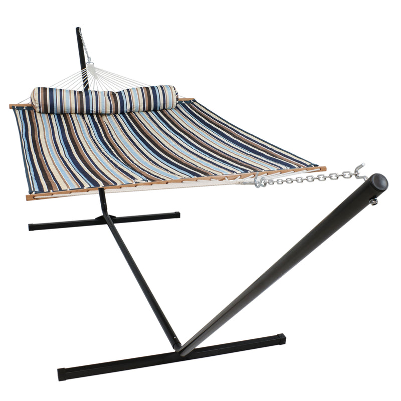 Sunnydaze 2-Person Freestanding Quilted Fabric Hammock with Stand - 12 or 15 Foot Stand Option - Ocean Isle