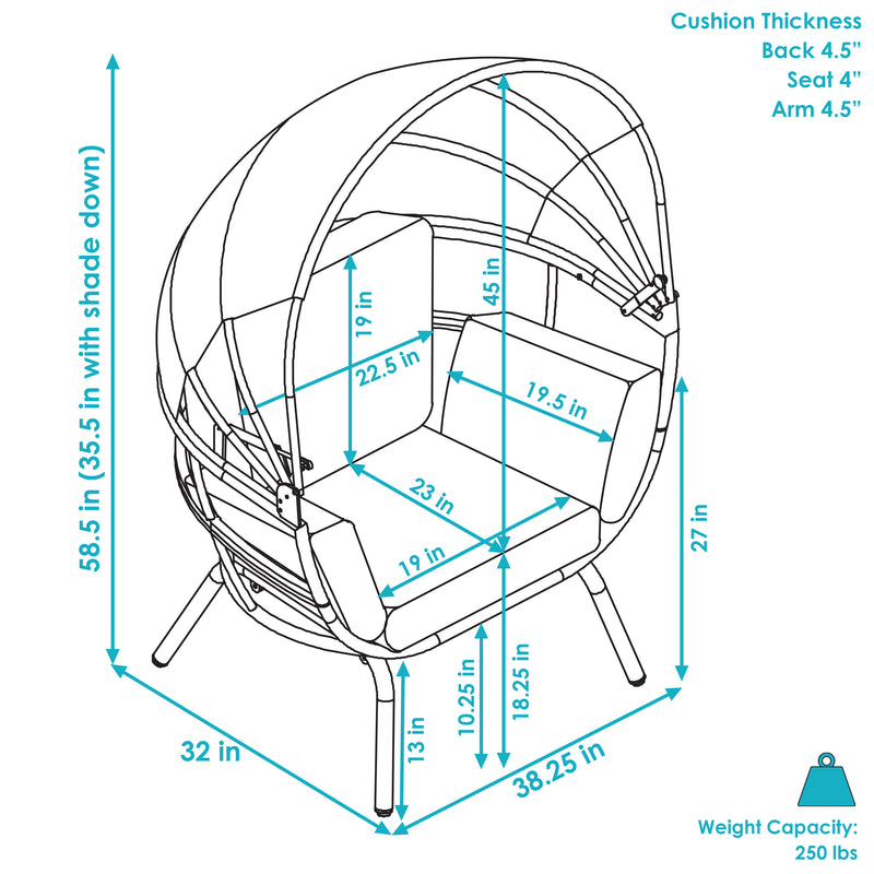 Dimension image of modern luxury patio egg chair.