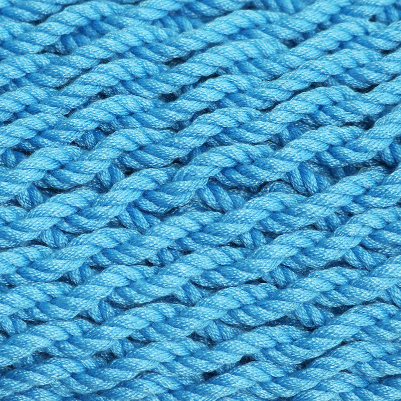 Sky blue colored woven rope of rope hammock chair. 