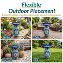 Flexible outdoor placement infographic showing a colorful Mediterranean-style glass bird bath in four settings: a flower garden, patio, courtyard, and grassy yard. Text highlights its versatility for gardens, patios, yards, and other outdoor spaces.