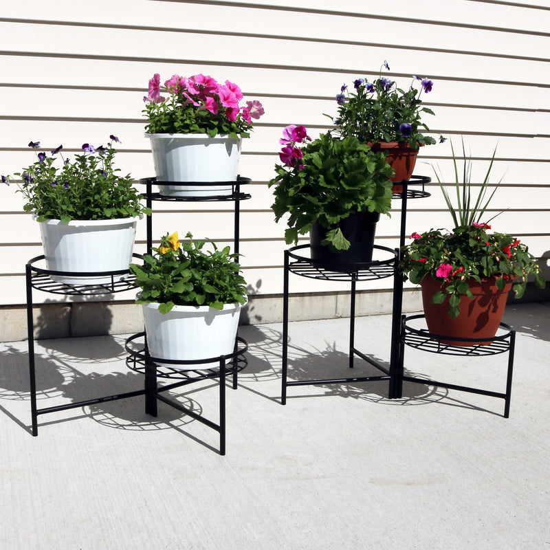 planter pots on stands Sunnydaze 22 in. Black Iron 3-Tiered Plant Stand (2-Pack)