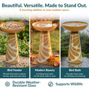 Infographic showcasing a tan and cream pedestal bird bath in three outdoor uses: bird feeder, decorative garden focal point, and bird bath, highlighting its weather-resistant glass and wildlife-friendly design.