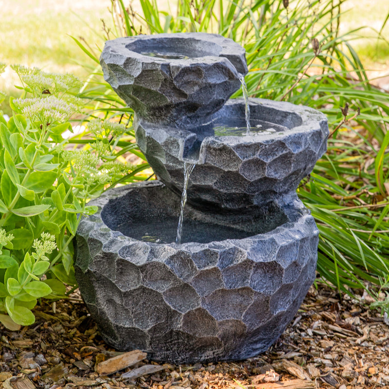 Sunnydaze 3-Tier Chiseled Basin Solar Powered Fountain for Garden, Patio, Yard or Balcony - Polyresin