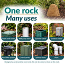Infographic highlighting eight uses for a tall, tapered tan decorative faux rock cover, including hiding septic tank covers, well pump risers, sprinkler valves, outdoor outlets, pond filter systems, control panels, spillway boxes, and pipes. Text reads “One rock, Many uses” with a safety note advising against sitting, standing, or leaning on the rock.