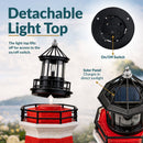 Infographic titled “Detachable Light Top” showing the red and white lighthouse top being removed, with callouts highlighting the on/off switch and solar panel.