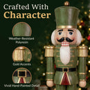 Close-up of a green and red Christmas nutcracker statue with gold accents, featuring callouts for weather-resistant polyresin, gold accents, and detailed finish.