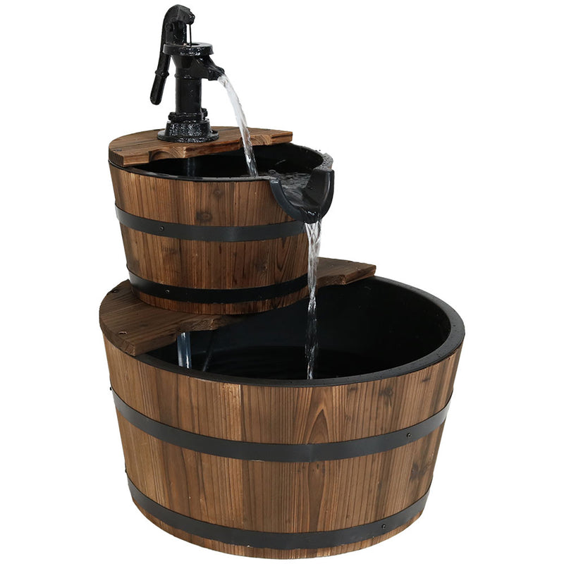 Sunnydaze Country 2-Tier Wood Barrel Water Fountain with Hand Pump, 23-Inch Tall