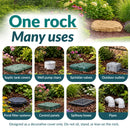 Infographic highlighting eight uses for a flat tan decorative faux rock cover, including hiding septic tank covers, well pump risers, sprinkler valves, outdoor outlets, pond filter systems, control panels, spillway boxes, and pipes. Text reads “One rock, Many uses” with a safety note advising against sitting, standing, or leaning on the rock.
