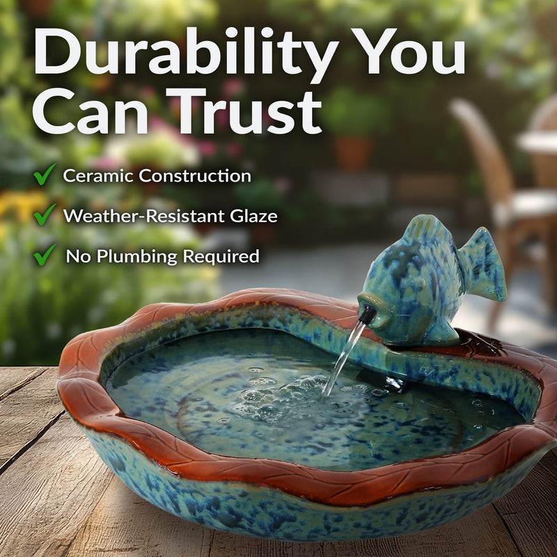 Sunnydaze Glazed Ceramic Fish Outdoor Water Fountain - 7"