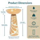 Product dimensions infographic for a tan and cream pedestal bird bath, showing bowl, pedestal, base, height, water capacity, weight, and inner pedestal measurements.