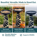 Infographic showcasing a navy blue and cream pedestal bird bath as a bird feeder, decorative garden focal point, and bird bath, highlighting its weather-resistant glass and wildlife-friendly design.