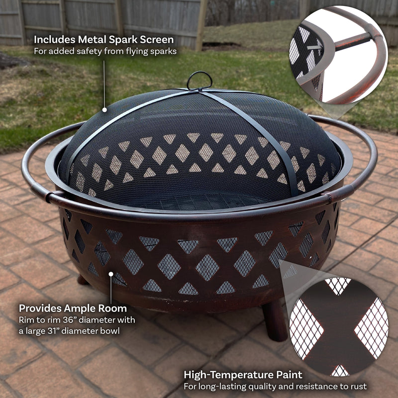 Sunnydaze Bronze Crossweave Wood-Burning Fire Pit with Spark Screen and Poker