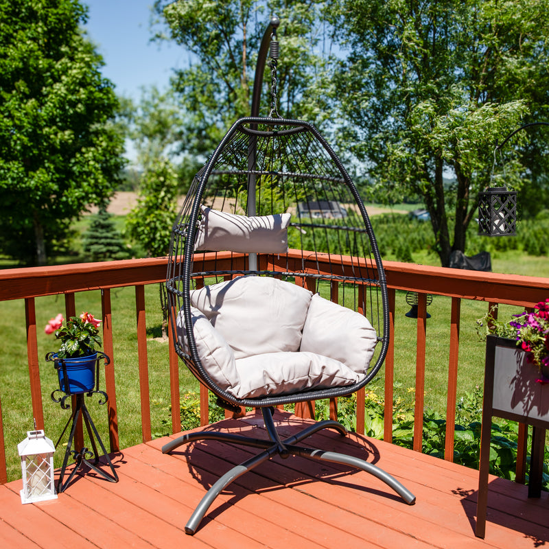 Sunnydaze Oliver Resin Wicker Egg Chair and Stand - Gray Cushions