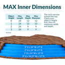 Infographic showing the maximum interior dimensions of a flat dark brown faux rock cover, with a cutaway view and blue measurement layers illustrating usable dimensions at heights from 0 to 3 inches. A sizing table lists maximum length, depth, and diameter, with guidance to measure the object's height first, then its width and depth to ensure proper fit.