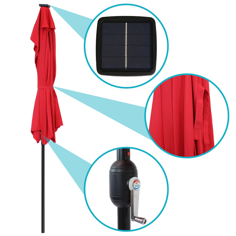 Closed red blue umbrella with three callout circles highlighting the solar panel, tie closure, and open/close crank.