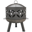 Cast iron fire pit with spark screen, decorative cutouts and two handles on the side.