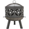 Cast iron fire pit with spark screen, decorative cutouts and two handles on the side.