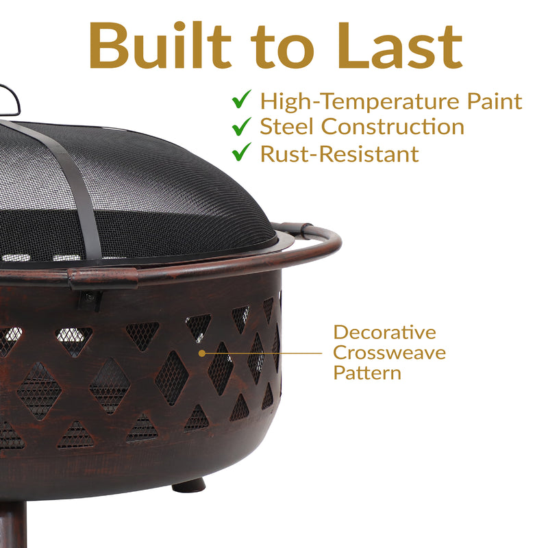Sunnydaze Bronze Crossweave Wood-Burning Fire Pit with Spark Screen and Poker