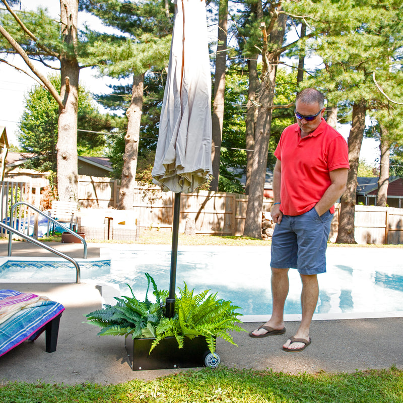 diy patio umbrella on wheels Sunnydaze Decor Rolling Umbrella Base with Planter
