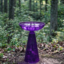Purple glass birdbath displayed in a wooded garden setting, surrounded by trees and natural greenery.