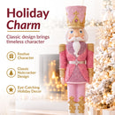 Holiday charm infographic featuring a pink, white, and gold Christmas nutcracker beside a decorated Christmas tree, with callouts highlighting festive character, classic nutcracker design, and eye-catching holiday decor.