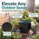 Decorative outdoor storage container with a glazed finish, designed to complement patios, gardens and walkways while serving as a stylish accent.