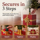 Pretty Present Decorative Christmas Tree Base shown securing an artificial tree pole with three bolts, demonstrating the three-step process to insert the tree, tighten the bolts, and display the assembled tree.