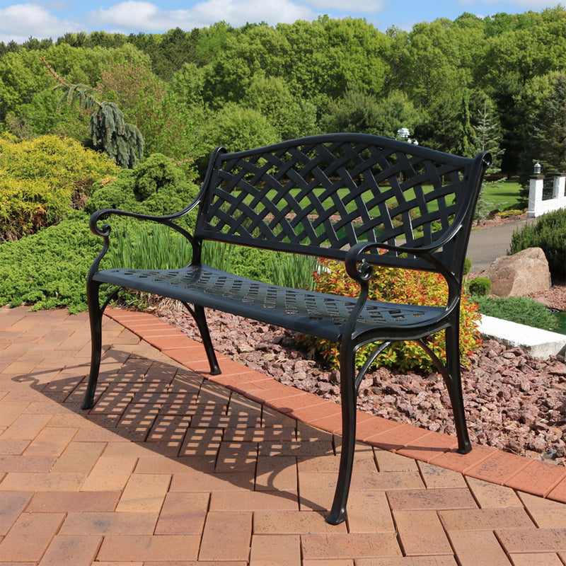 Sunnydaze 2-Person Checkered Cast Aluminum Metal Garden Bench - Black