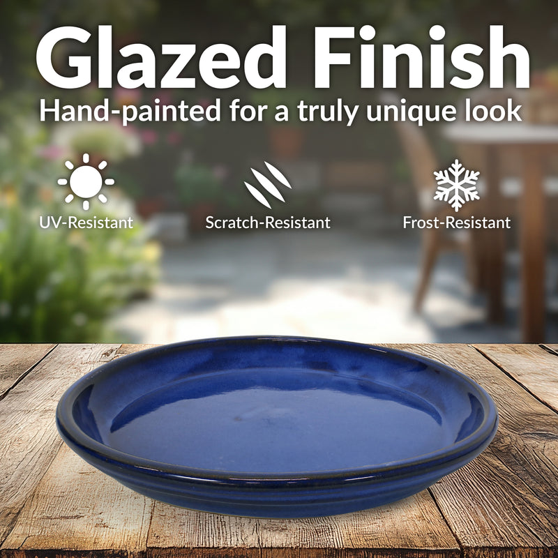 blue ceramic plant saucer Sunnydaze Set of 4 Glazed Ceramic Planter Saucers - Imperial Blue