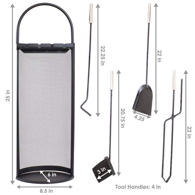 Sunnydaze 4-Piece Fireplace Tool Set with Mesh Shroud Holder