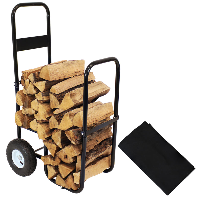 Sunnydaze Heavy-Duty Firewood Log Cart with Wheels and Protective Cover