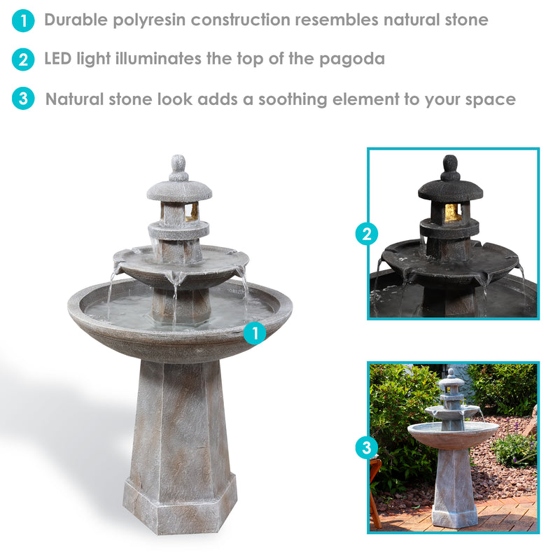 Sunnydaze 2-Tiered Pagoda Outdoor Water Fountain with LED Light - 40"